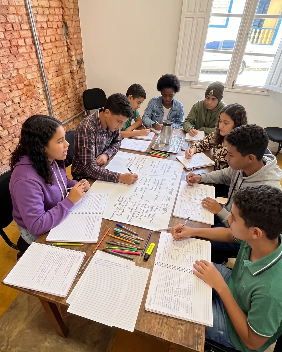 Turma reunida em dinâmica de grupo, cena ilustrativa gerada por IA